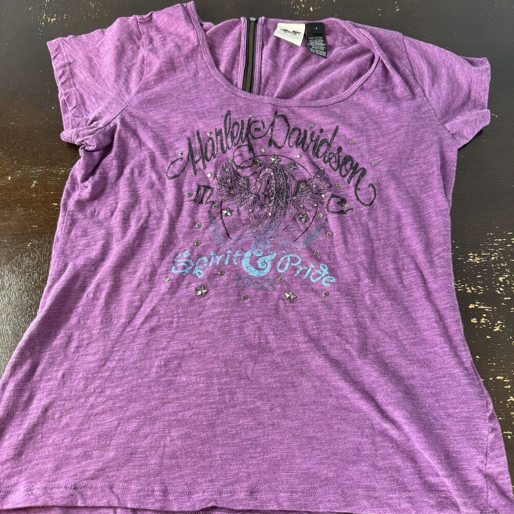 Harley Davidson Womens Top Size L Large 1/4 Sleeve Purple Spirit & Pride Sequin